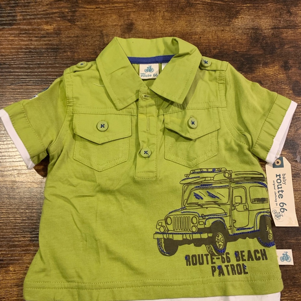 Baby Boys Route 66 Button Short Sleeve Shirt Top Beach Patrol New Size 3-6 MO